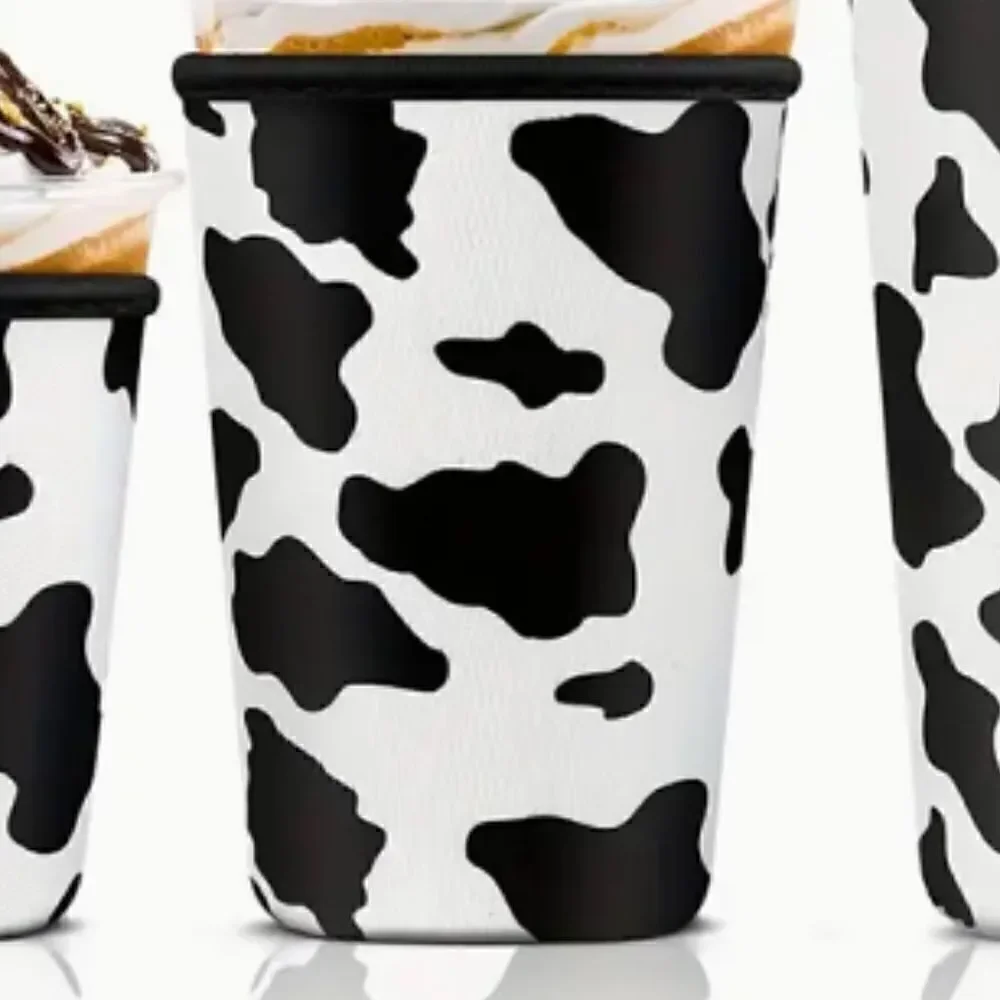 NEW! Trendy Neoprene Set of Three Iced Coffee Cow Print Drink Sleeve Starbucks